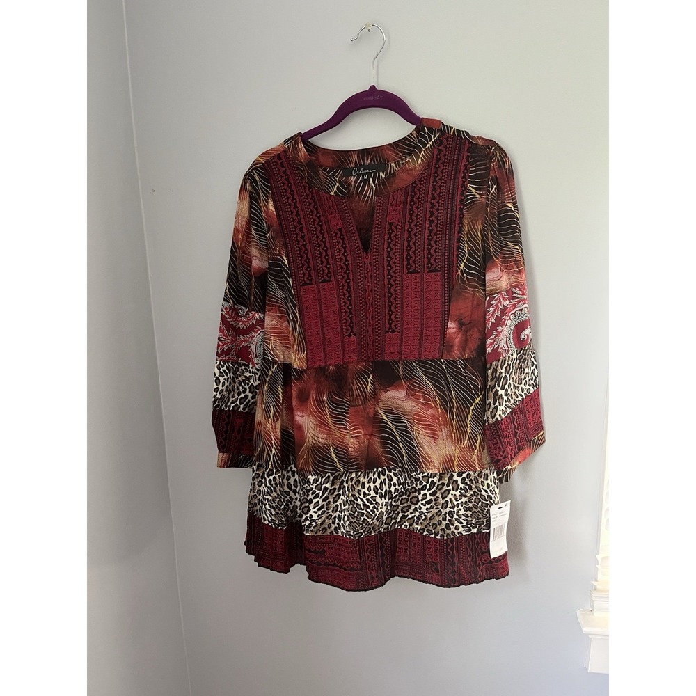 Calessa Women's Embroidered Boho Multicolor Tiered Tunic Top Size M 3/4 Sleeve
